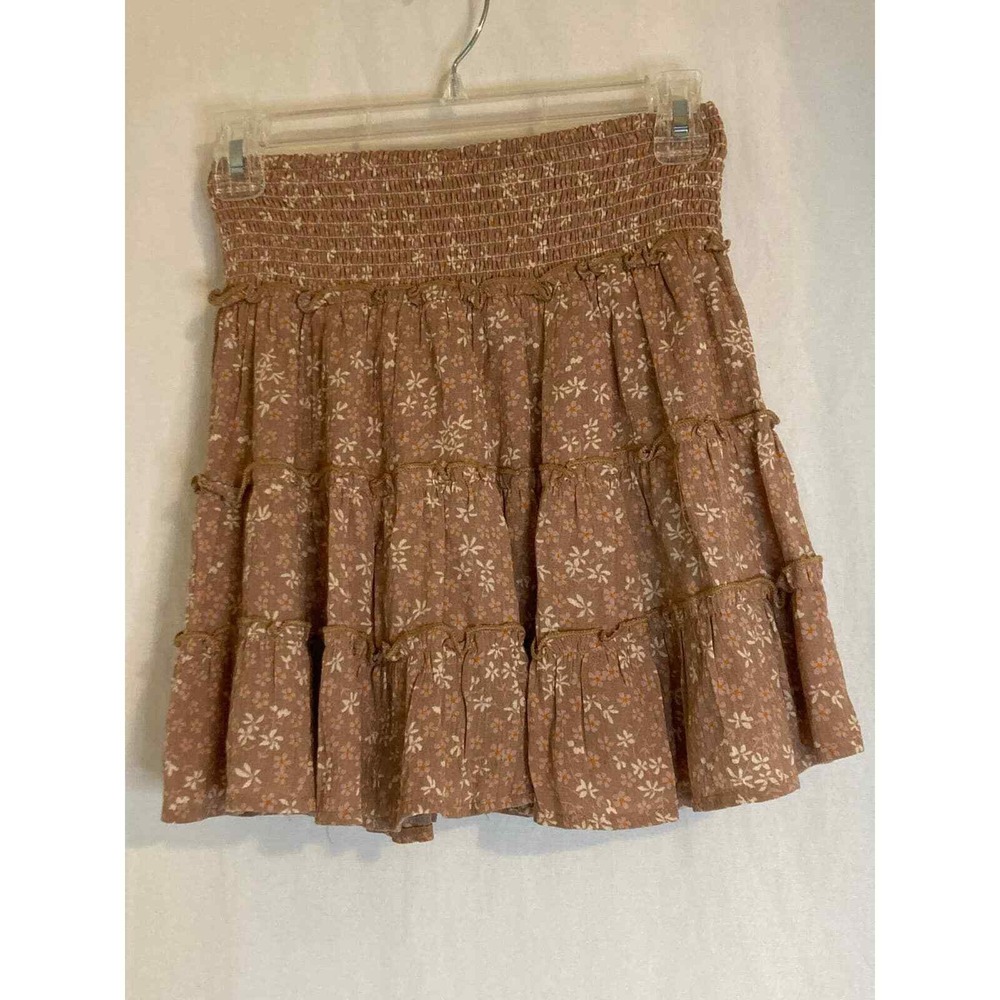Becool Floral Tiered Ruffle Mini Skirt Smocked Waist Brown‎ Boho Casual